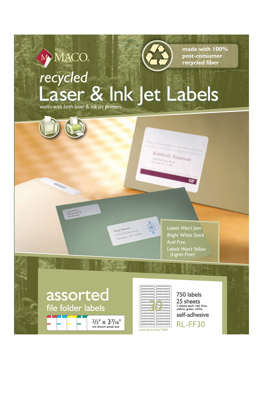 Laser/Ink Jet Recycled Assorted Colors File Folder Labels, 2/3" x 3-7/16", 30/Sheet, 750 Labels/Pk