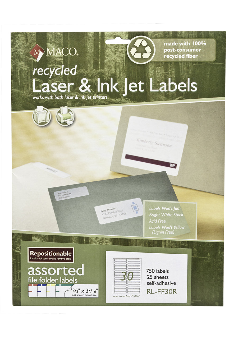 Laser/Ink Jet Recycled Assorted Colors File Folder Labels w/ Repositionable Adhesive, 2/3" x 3-7/16", 30/Sheet, 750 Labels/Pk