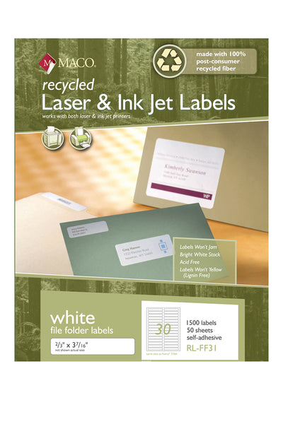 Laser/Ink Jet Recycled White  File Folder Labels, 2/3" x 3-7/16", 30/Sheet, 750 Labels/Pk